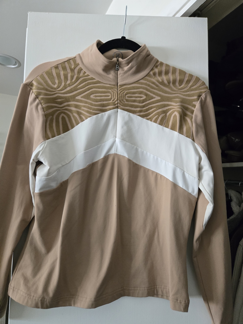 Bogner Beige and White Quarter-Zip Pullover with Patterned Yoke